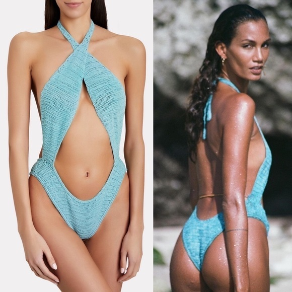 AKOIA SWIM Swimsuit Riu Twist Crochet One-Piece Backless Blue M NWT - Picture 1 of 8